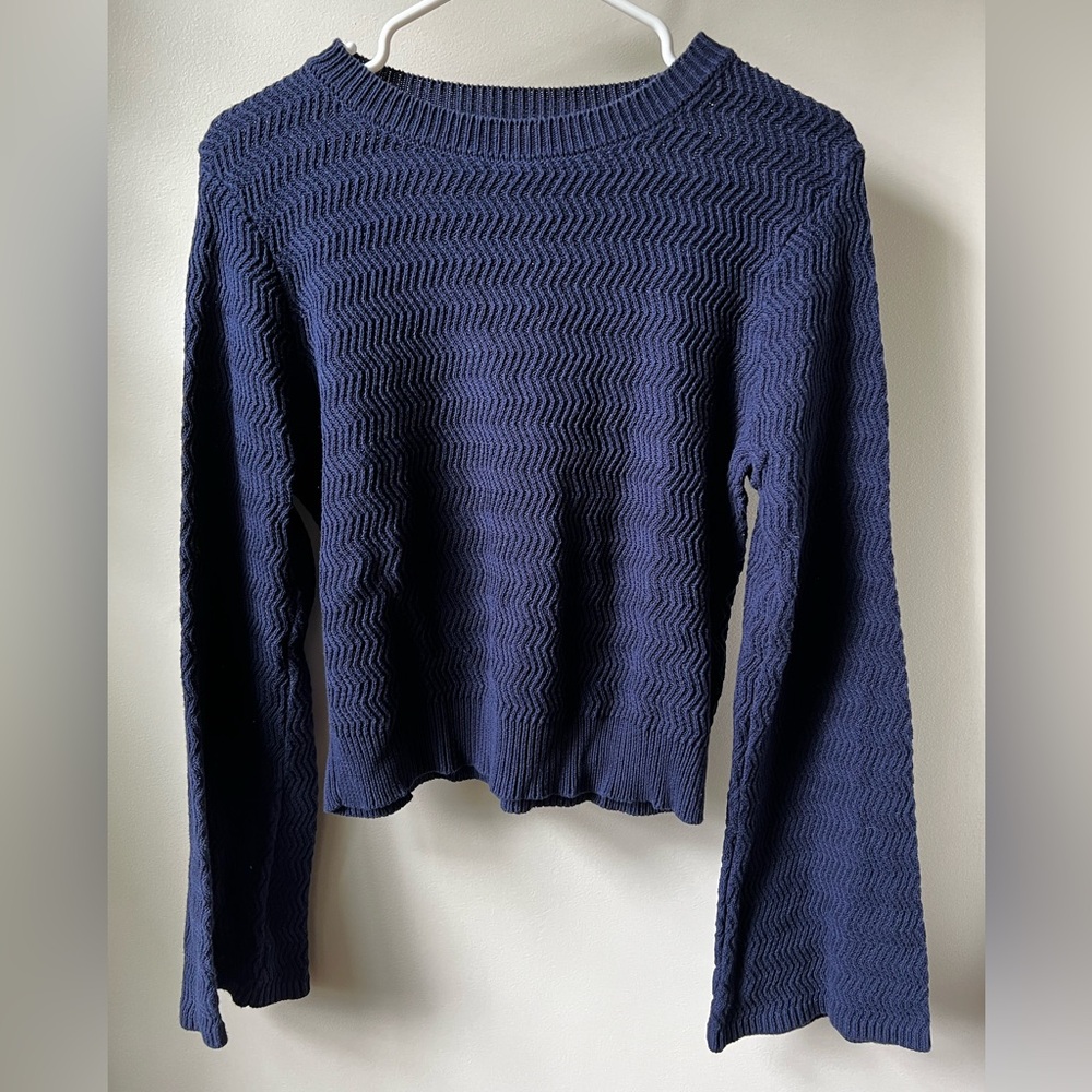 MODCLOTH Sweater Cropped Bell Sleeve Navy Blue ZigZag Cotton Retro M‎